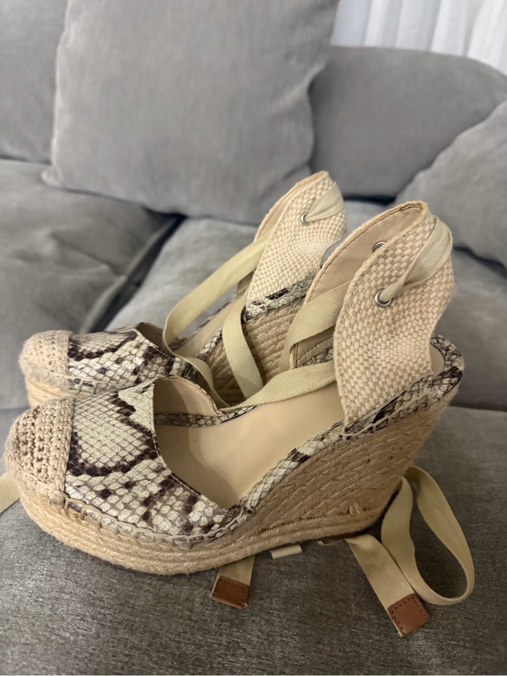 Vince Camuto Beige Snake-Print Espadrille Wedge Sandals